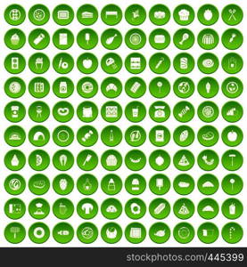 100 delicious dishes icons set green circle isolated on white background vector illustration. 100 delicious dishes icons set green circle