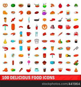 100 delicious food icons set in cartoon style for any design vector illustration. 100 delicious food icons set, cartoon style
