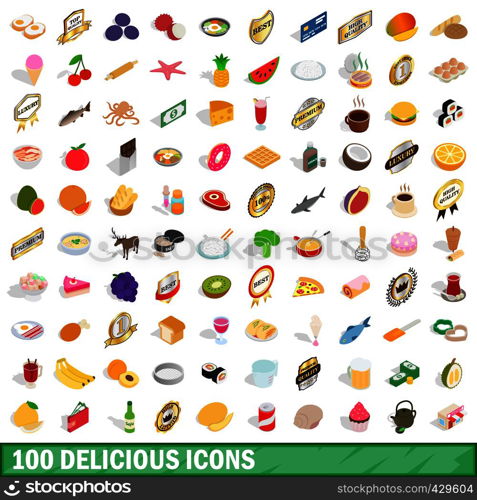 100 delicious icons set in isometric 3d style for any design vector illustration. 100 delicious icons set, isometric 3d style