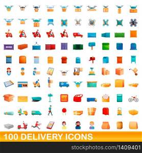 100 delivery icons set. Cartoon illustration of 100 delivery icons vector set isolated on white background. 100 delivery icons set, cartoon style
