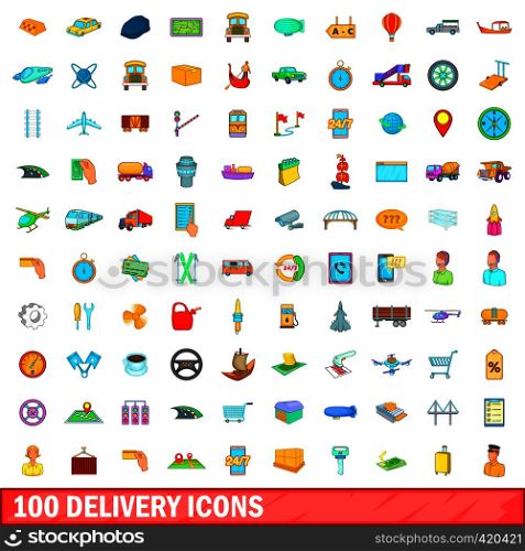 100 delivery icons set in cartoon style for any design vector illustration. 100 delivery icons set, cartoon style