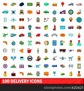 100 delivery icons set in cartoon style for any design vector illustration. 100 delivery icons set, cartoon style