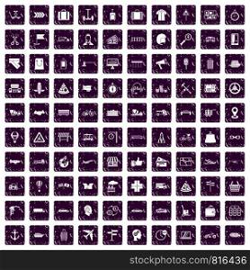 100 delivery icons set in grunge style purple color isolated on white background vector illustration. 100 delivery icons set grunge purple