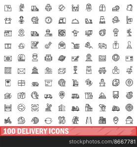 100 delivery icons set. Outline illustration of 100 delivery icons vector set isolated on white background. 100 delivery icons set, outline style