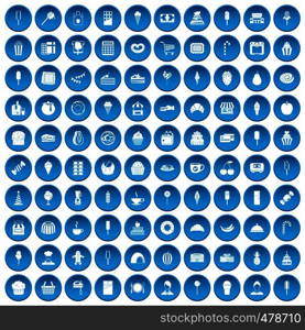 100 dessert icons set in blue circle isolated on white vector illustration. 100 dessert icons set blue