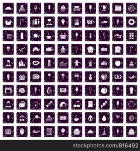 100 dessert icons set in grunge style purple color isolated on white background vector illustration. 100 dessert icons set grunge purple