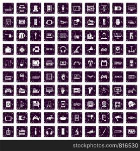100 device icons set in grunge style purple color isolated on white background vector illustration. 100 device app icons set grunge purple