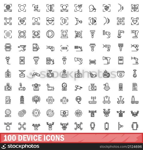 100 device icons set. Outline illustration of 100 device icons vector set isolated on white background. 100 device icons set, outline style