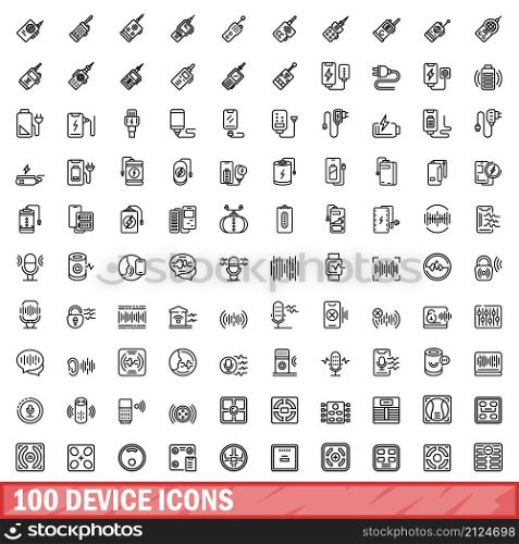 100 device icons set. Outline illustration of 100 device icons vector set isolated on white background. 100 device icons set, outline style