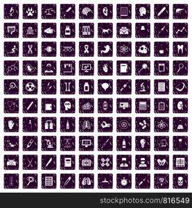 100 diagnostic icons set in grunge style purple color isolated on white background vector illustration. 100 diagnostic icons set grunge purple