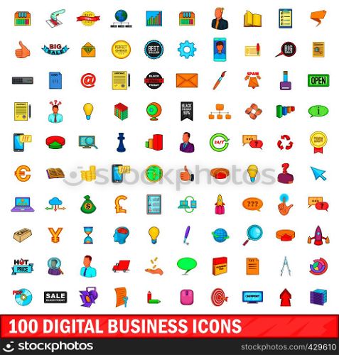 100 digital business icons set in cartoon style for any design vector illustration. 100 digital business icons set, cartoon style