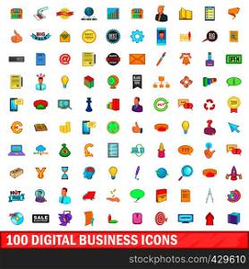 100 digital business icons set in cartoon style for any design vector illustration. 100 digital business icons set, cartoon style