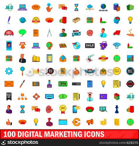 100 digital marketing icons set in cartoon style for any design vector illustration. 100 digital marketing icons set, cartoon style