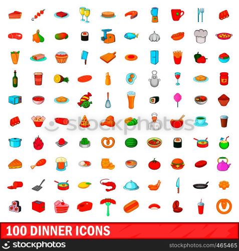 100 dinner icons set in cartoon style for any design illustration. 100 dinner icons set, cartoon style