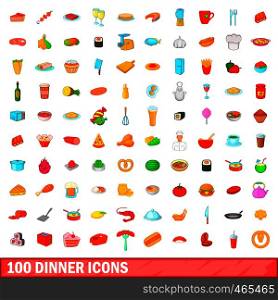 100 dinner icons set in cartoon style for any design illustration. 100 dinner icons set, cartoon style