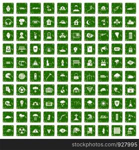 100 disaster icons set in grunge style green color isolated on white background vector illustration. 100 disaster icons set grunge green