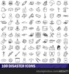 100 disaster icons set in outline style for any design vector illustration. 100 disaster icons set, outline style