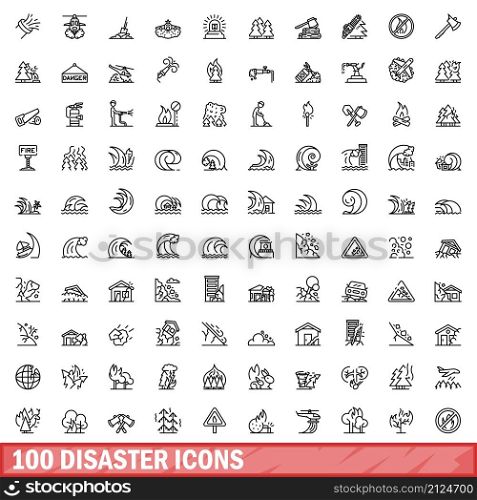 100 disaster icons set. Outline illustration of 100 disaster icons vector set isolated on white background. 100 disaster icons set, outline style