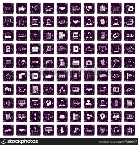 100 discussion icons set in grunge style purple color isolated on white background vector illustration. 100 discussion icons set grunge purple