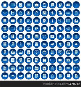 100 document icons set in blue circle isolated on white vector illustration. 100 document icons set blue