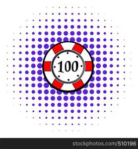 100 dollars casino chip icon in comics style on a white background. 100 dollars casino chip icon, comics style