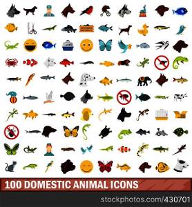 100 domestic animal icons set in flat style for any design vector illustration. 100 domestic animal icons set, flat style