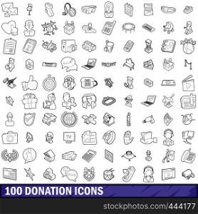 100 donation icons set in outline style for any design vector illustration. 100 donation icons set, outline style
