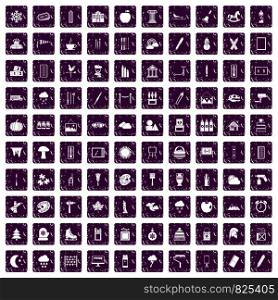 100 drawing icons set in grunge style purple color isolated on white background vector illustration. 100 drawing icons set grunge purple