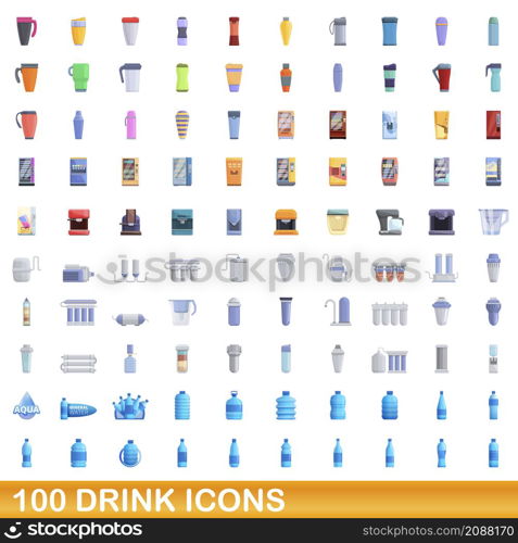 100 drink icons set. Cartoon illustration of 100 drink icons vector set isolated on white background. 100 drink icons set, cartoon style