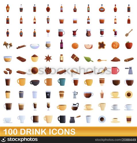 100 drink icons set. Cartoon illustration of 100 drink icons vector set isolated on white background. 100 drink icons set, cartoon style