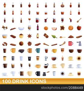 100 drink icons set. Cartoon illustration of 100 drink icons vector set isolated on white background. 100 drink icons set, cartoon style