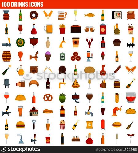 100 drinks icon set. Flat set of 100 drinks vector icons for web design. 100 drinks icon set, flat style