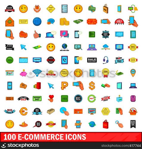 100 e-commerce icons set in cartoon style for any design vector illustration. 100 e-commerce icons set, cartoon style