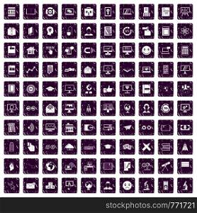 100 e-learning icons set in grunge style purple color isolated on white background vector illustration. 100 e-learning icons set grunge purple