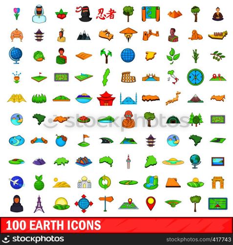 100 earth icons set in cartoon style for any design vector illustration. 100 earth icons set, cartoon style