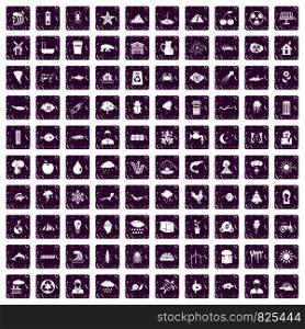 100 earth icons set in grunge style purple color isolated on white background vector illustration. 100 earth icons set grunge purple