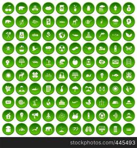 100 eco care icons set green circle isolated on white background vector illustration. 100 eco care icons set green circle