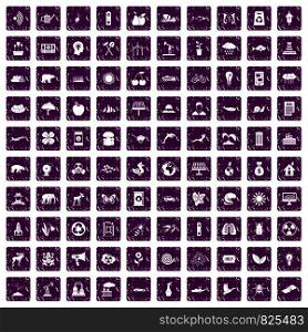 100 eco care icons set in grunge style purple color isolated on white background vector illustration. 100 eco care icons set grunge purple