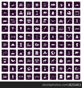100 eco icons set in grunge style purple color isolated on white background vector illustration. 100 eco icons set grunge purple
