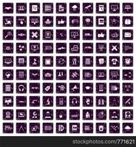 100 education technology icons set in grunge style purple color isolated on white background vector illustration. 100 education technology icons set grunge purple