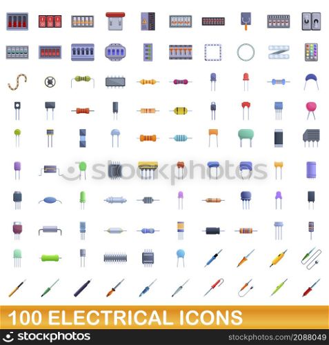 100 electrical icons set. Cartoon illustration of 100 electrical icons vector set isolated on white background. 100 electrical icons set, cartoon style