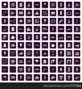 100 electricity icons set in grunge style purple color isolated on white background vector illustration. 100 electricity icons set grunge purple