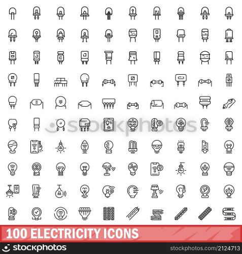 100 electricity icons set. Outline illustration of 100 electricity icons vector set isolated on white background. 100 electricity icons set, outline style