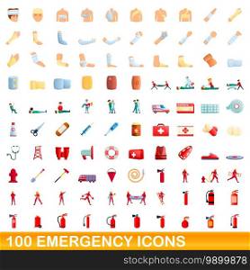 100 emergency icons set. Cartoon illustration of 100 emergency icons vector set isolated on white background. 100 emergency icons set, cartoon style