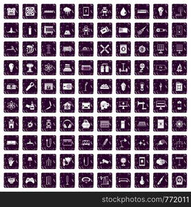 100 energy icons set in grunge style purple color isolated on white background vector illustration. 100 energy icons set grunge purple