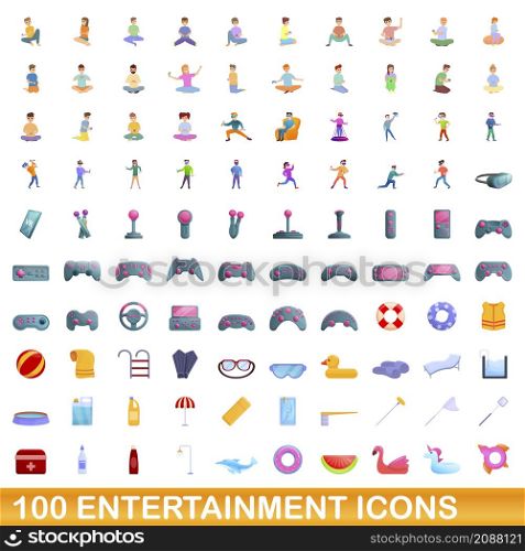 100 entertainment icons set. Cartoon illustration of 100 entertainment icons vector set isolated on white background. 100 entertainment icons set, cartoon style