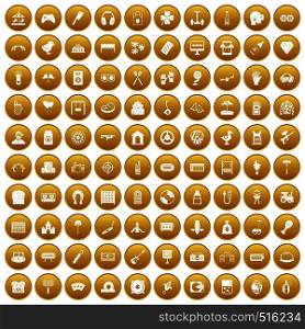 100 entertainment icons set in gold circle isolated on white vector illustration. 100 entertainment icons set gold