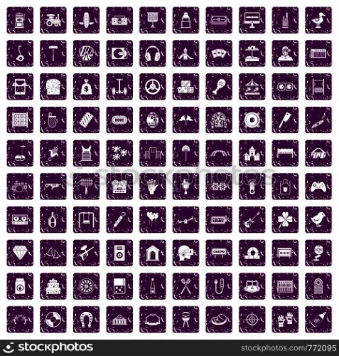 100 entertainment icons set in grunge style purple color isolated on white background vector illustration. 100 entertainment icons set grunge purple
