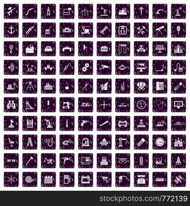 100 equipment icons set in grunge style purple color isolated on white background vector illustration. 100 equipment icons set grunge purple