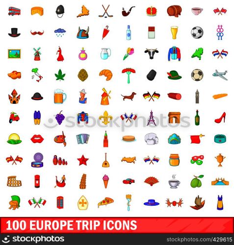 100 europe trip icons set in cartoon style for any design vector illustration. 100 europe trip icons set, cartoon style